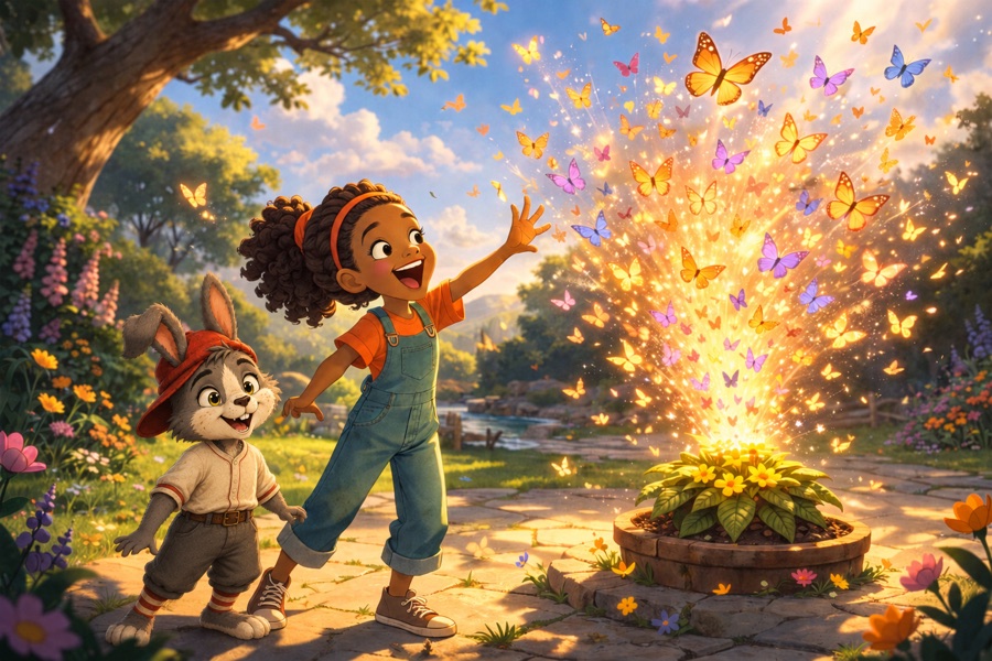 Ruby and Pip watching glowing butterflies burst from a flower in the Imaginarium