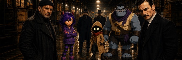 Live-action characters and ink-born allies facing off inside a vast warehouse